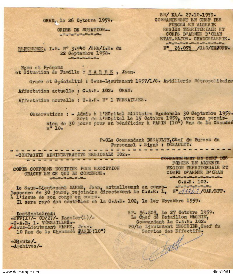 VP19.020 - MILITARIA - ORAN X VERSAILLES 1959 - Ordre De Mutation Concernant Le Soldat J.MARRE - Documentos