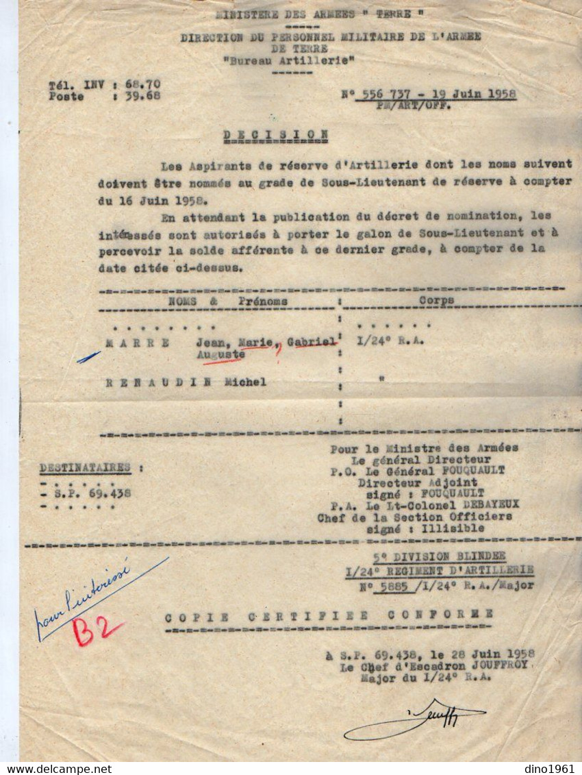 VP19.021 - MILITARIA - SP . 69. 438 1958 - Decision Concernant Le Soldat J.MARRE Sous Lieutenant De Réserve - Documenti