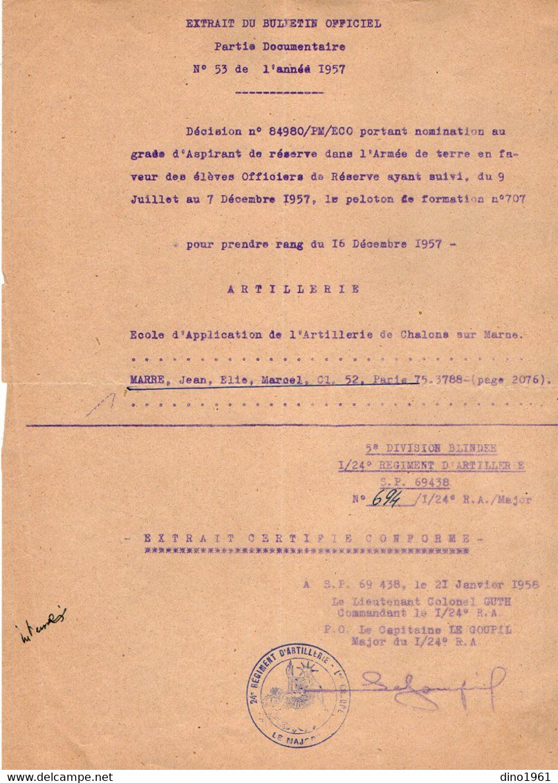 VP19.022 - MILITARIA - SP. 69.438 1958 - Decision Concernant Le Soldat J.MARRE Aspirant De Réserve Dans L'Armée De Terre - Documenten