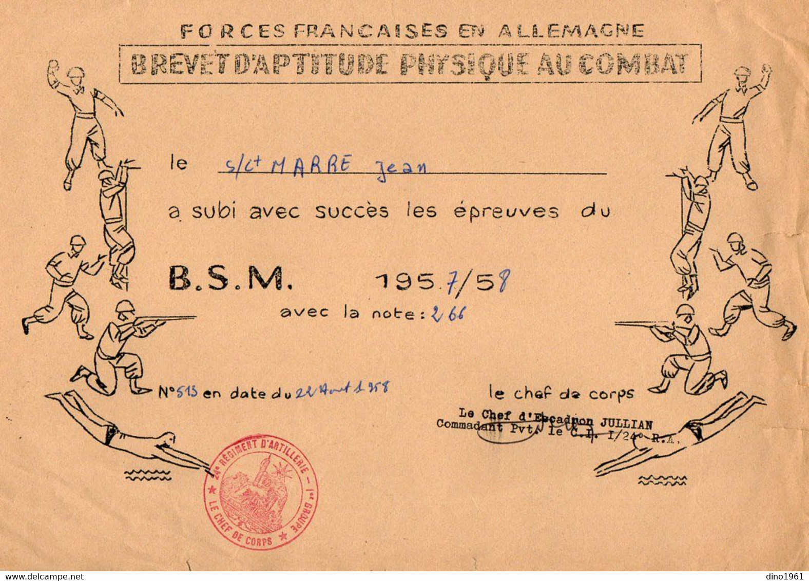 VP19.023 - MILITARIA -  1957 / 58 - Brevet D'Aptitude Physique Au Combat Concernant Le Soldat J.MARRE - Documenten