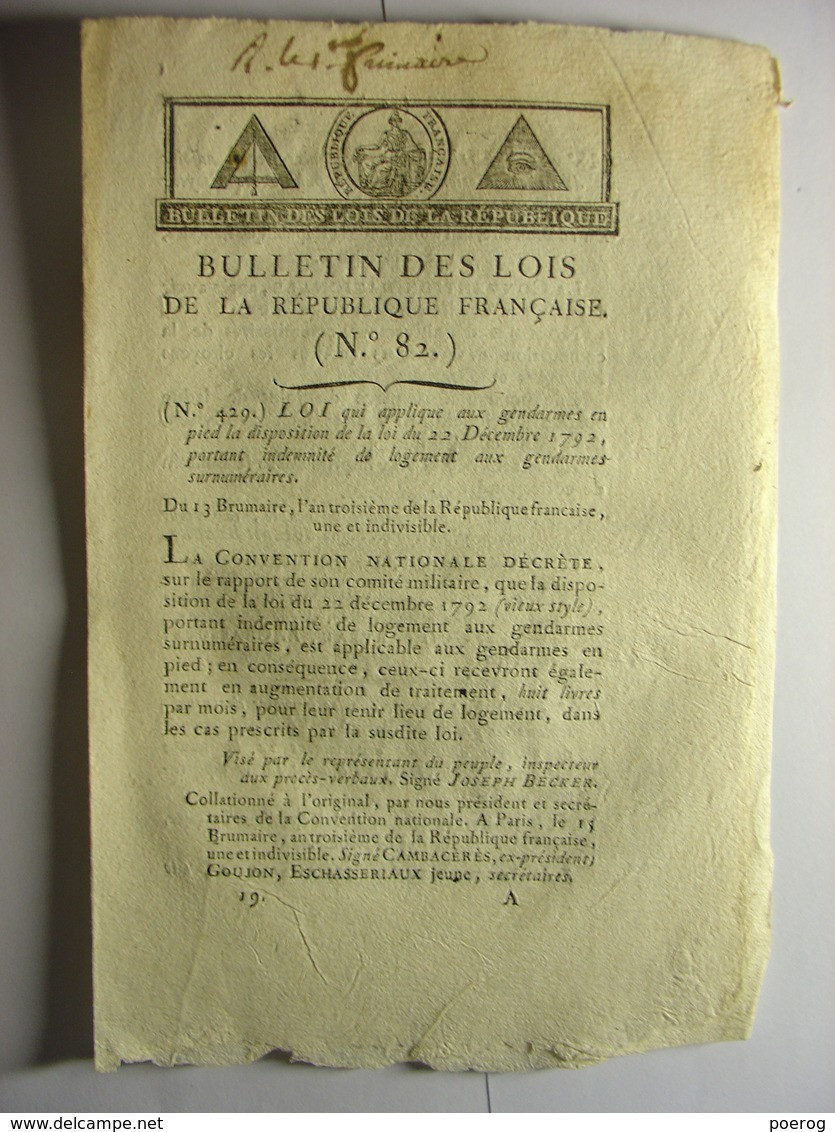BULLETIN DES LOIS DE BRUMAIRE AN III (1794) - GENDARMERIE GENDARME - LIBERTE COLONS DES ILES FRANCAISES CLUB MASSIAC - Decrees & Laws