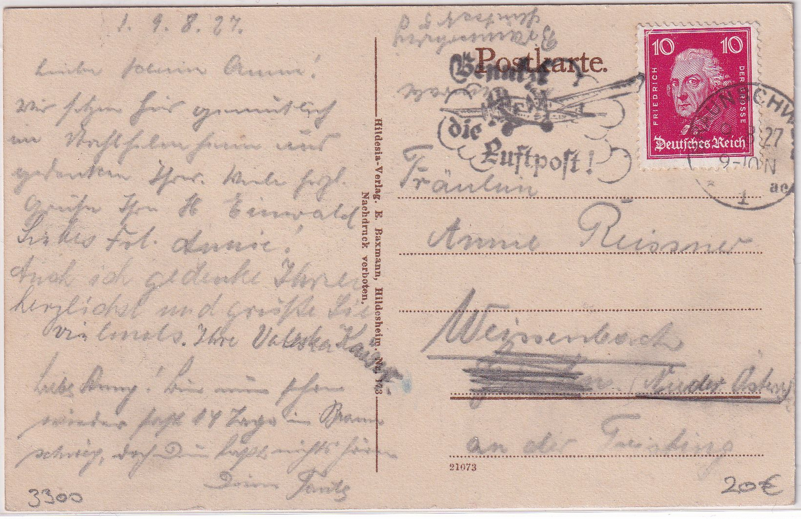 Niedersachsen - Braunschweig Städt. Knaben-Mittelschule Sw-AK Gelaufen 1927 - Other & Unclassified