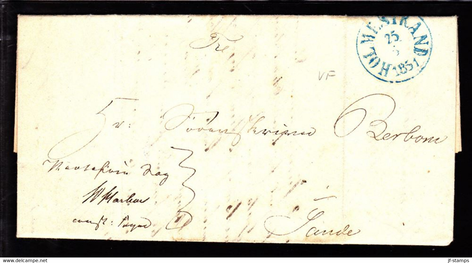 1851. Blue HOLMESTRAND 25 5 1851 On Nice Cover To Sande. - JF103927 - ...-1855 Voorfilatelie