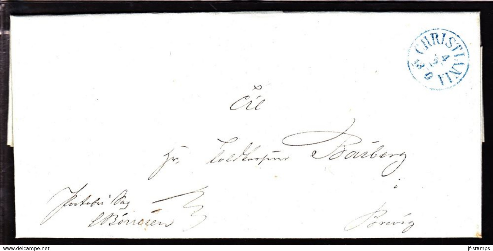 1850. Blue CHRISTIANIA 4 2 1850 On Nice Cover To Brevig. - JF103930 - ...-1855 Prephilately