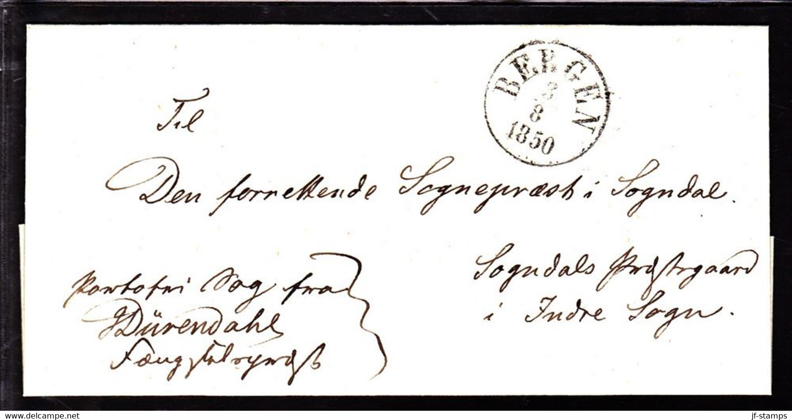 1850. Black BERGEN 3 8 1850 On Very Nice Cover To Indre Sogn. - JF103934 - ...-1855 Prephilately