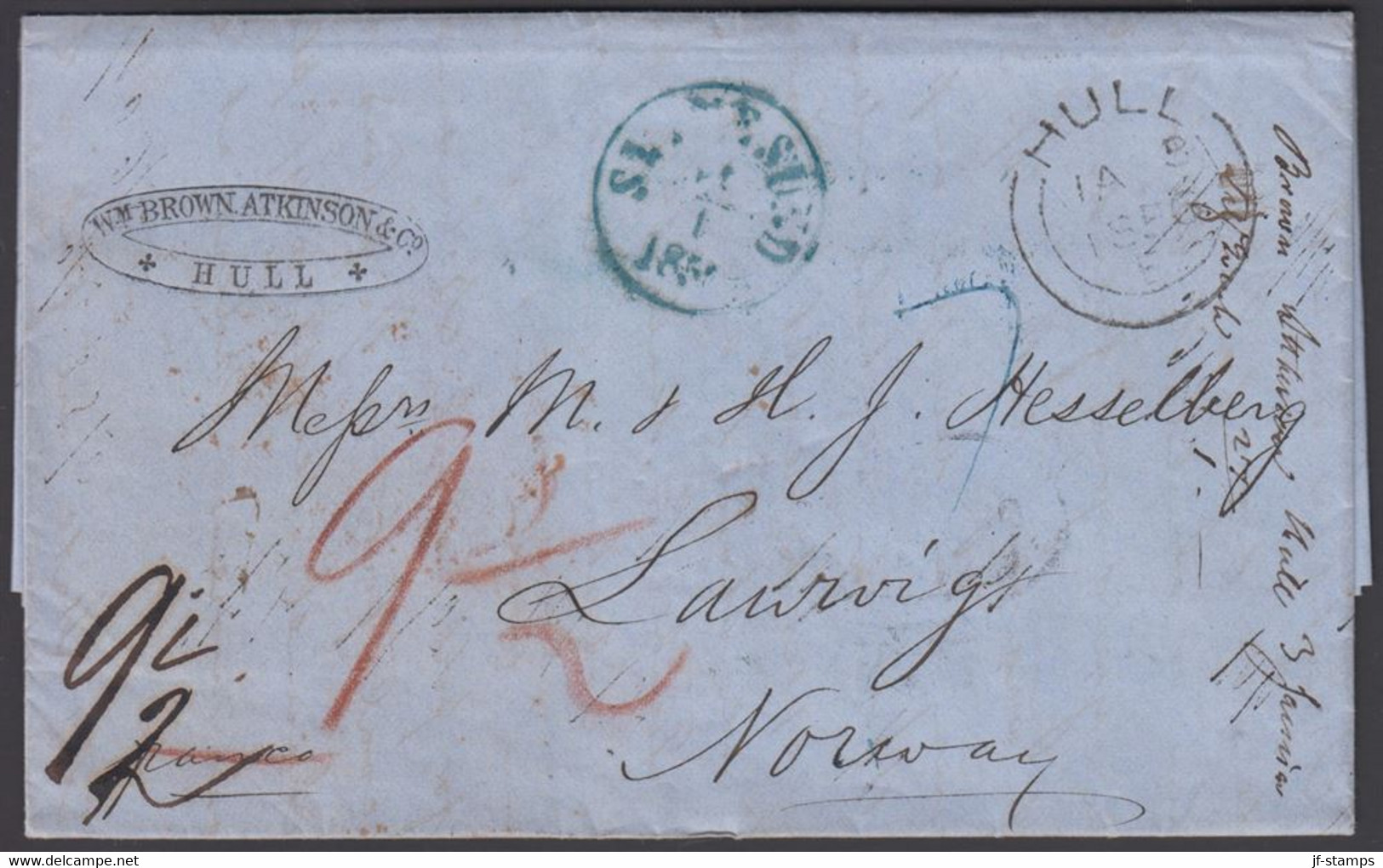 1856. Hull. Cover From Hull 3rd January 1856 Via  Hamburg To Laurvig, Norway. Several Cancels And Postal M... - JF321006 - ...-1855 Préphilatélie