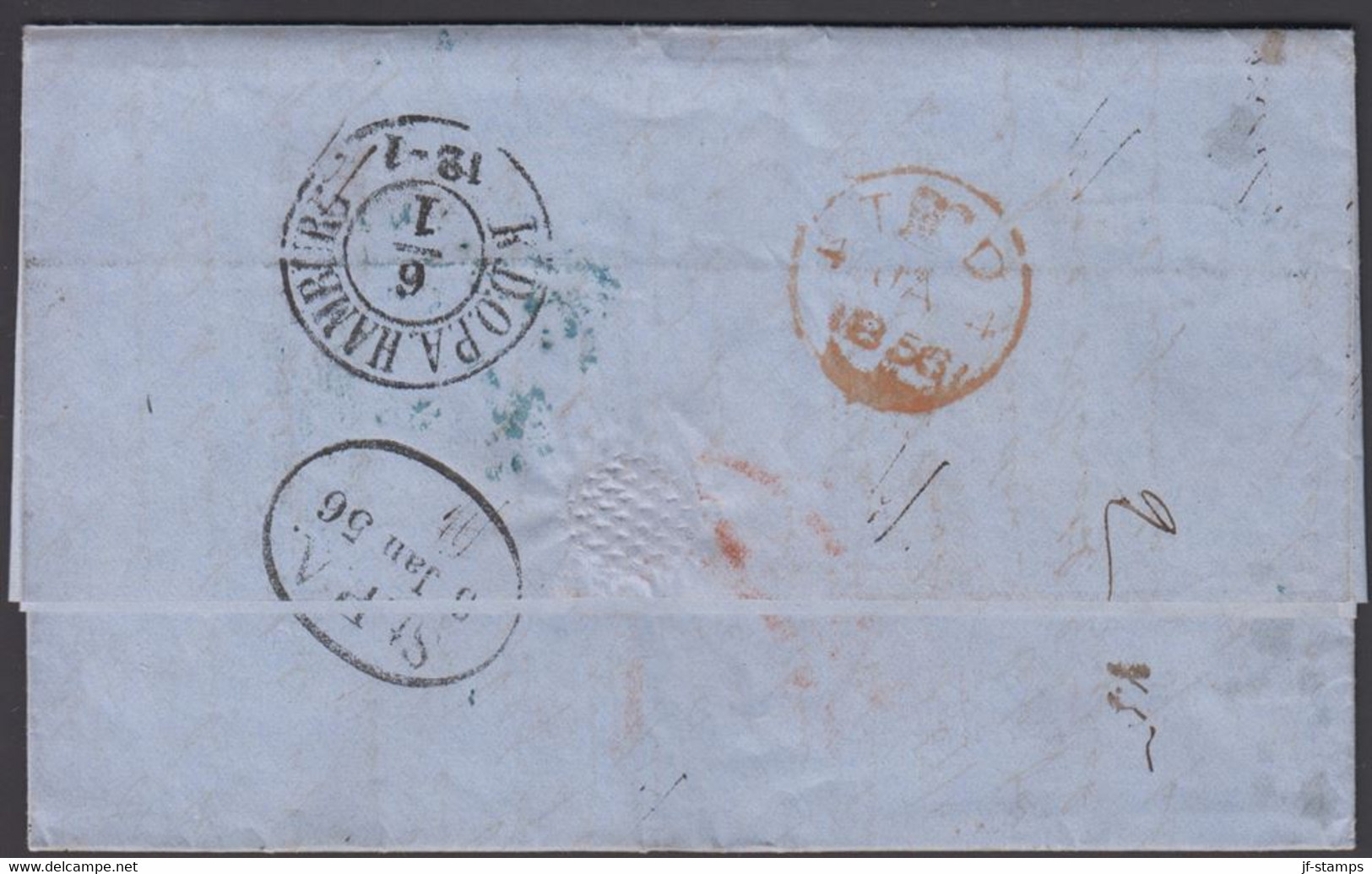 1856. Hull. Cover From Hull 3rd January 1856 Via  Hamburg To Laurvig, Norway. Several Cancels And Postal M... - JF321006 - ...-1855 Prefilatelia