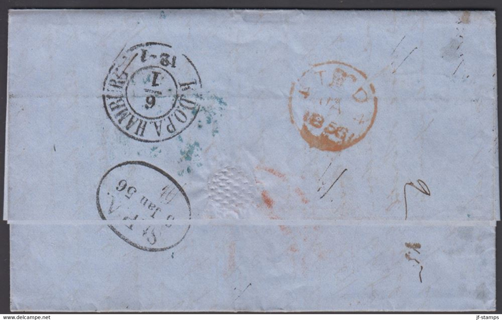 1856. Hull. Cover From Hull 3rd January 1856 Via  Hamburg To Laurvig, Norway. Several Cancels And Postal M... - JF321006 - ...-1855 Vorphilatelie