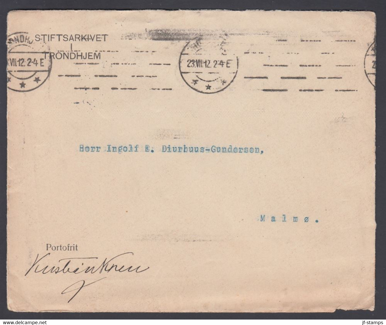 1912. NORGE. Very Interesting Official Cover Without Stamp From TRONDHJEM 23.VII.12 To Malmö. Noted On Fro... - JF368229 - ...-1855 Vorphilatelie