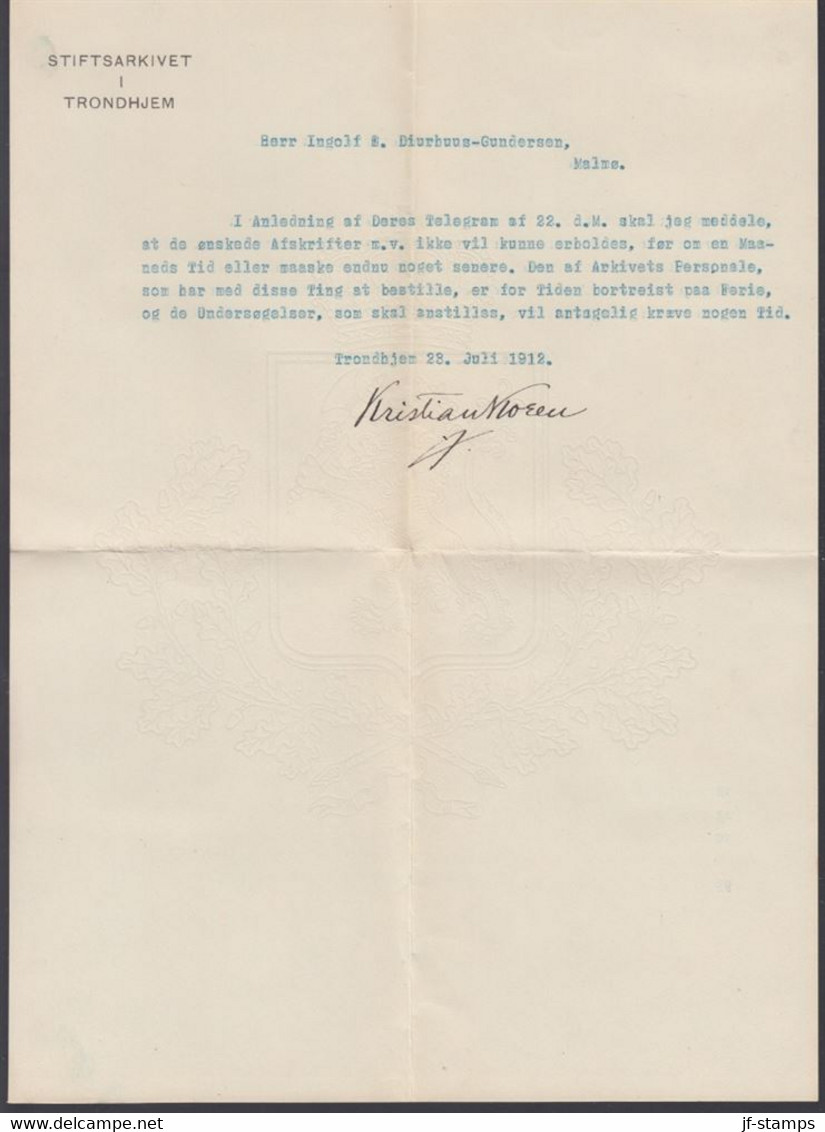 1912. NORGE. Very Interesting Official Cover Without Stamp From TRONDHJEM 23.VII.12 To Malmö. Noted On Fro... - JF368229 - ...-1855 Vorphilatelie
