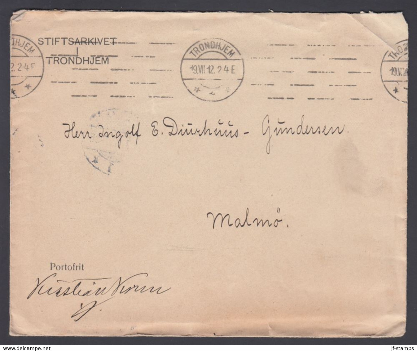 1912. NORGE. Very Interesting Official Cover Without Stamp From TRONDHJEM 19.VII.12 To Malmö. Noted On Fro... - JF368230 - ...-1855 Prefilatelia