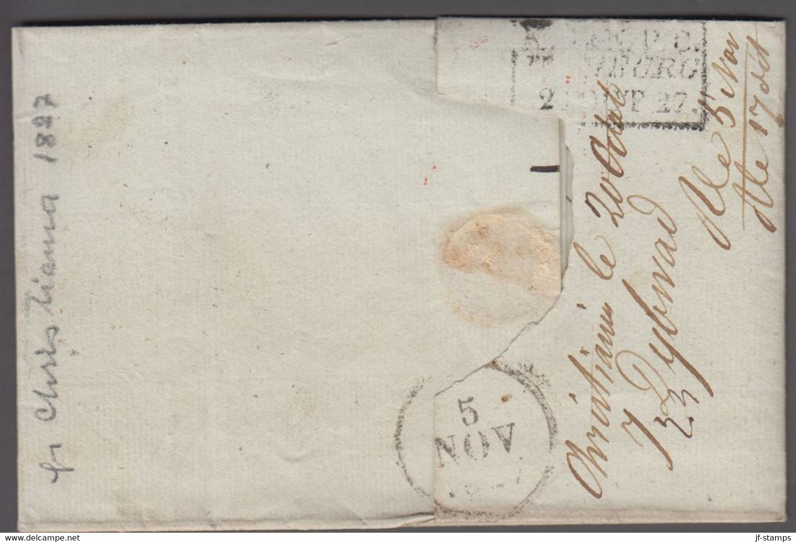 1827. NORGE. Cover From Christiania 16. OCT 1827 Cancelled T.T.R. 4 SUEDE And Other Cancels And Markings O... - JF412052 - ...-1855 Prephilately