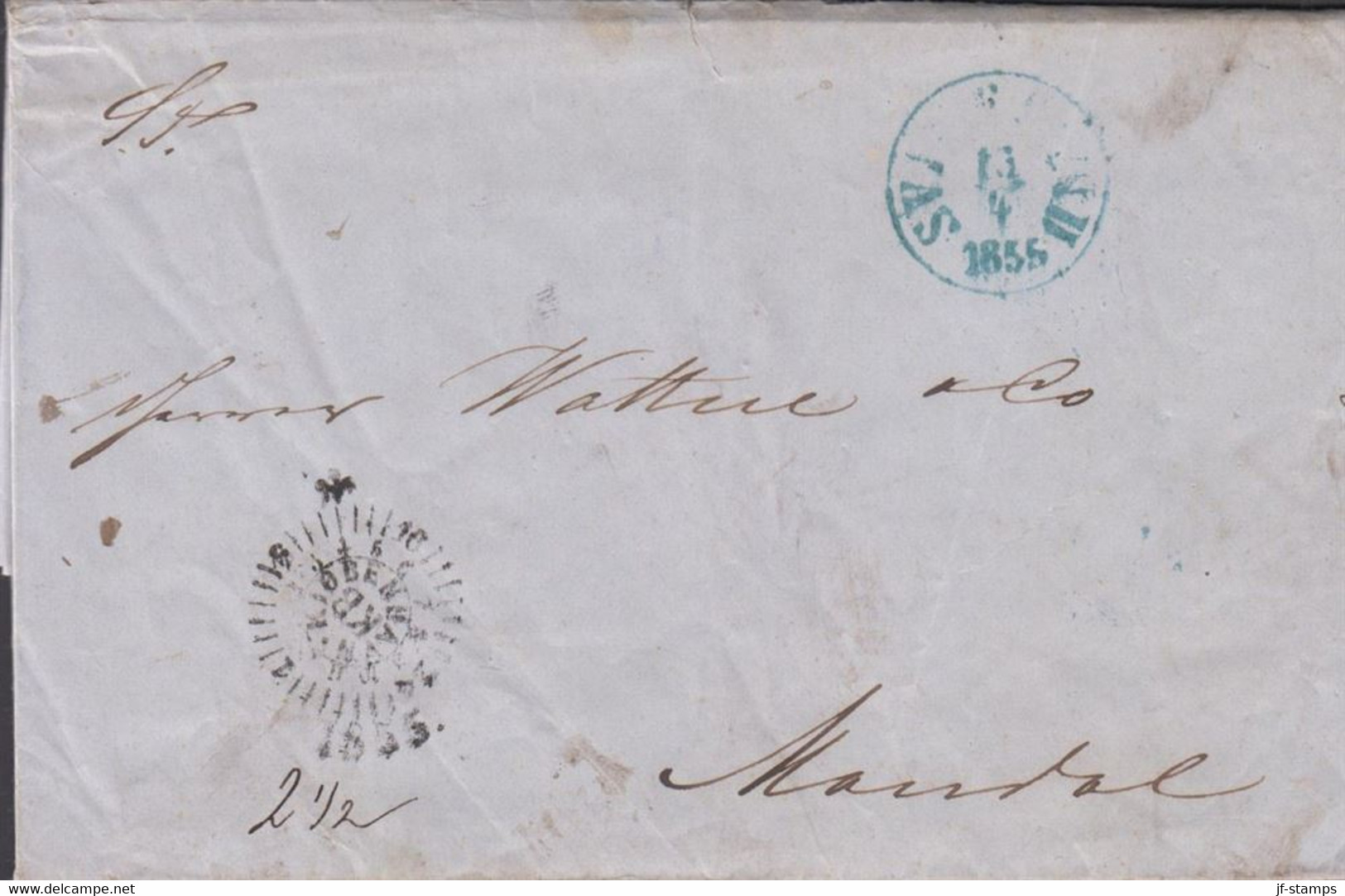 1855. DANMARK. KIØBENHAVN KB 1855 On Cover (tear) To Mandal, Norge. Interesting Cover. Transit Cancel In G... - JF427616 - ...-1851 Préphilatélie