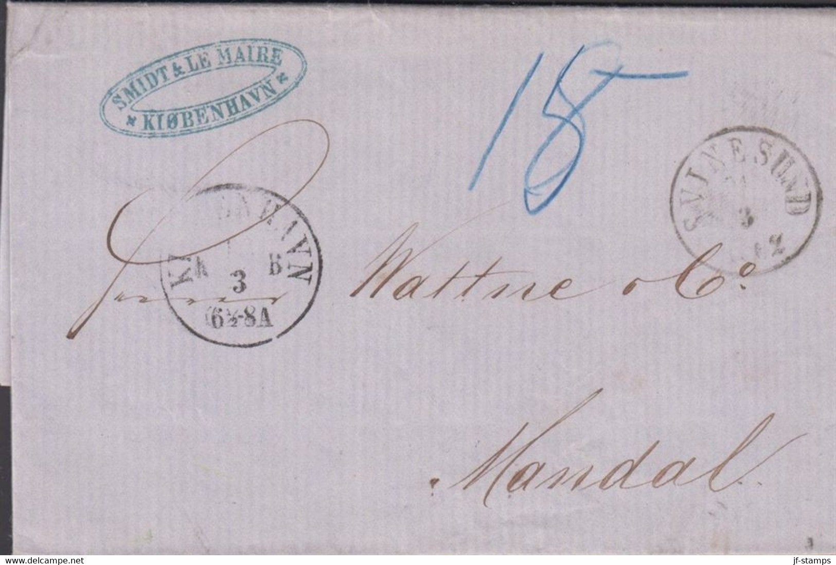 1862. DANMARK. KIØBENHAVN 17 3 On Cover To Mandal, Norge. Interesting Cover And Marking In Blue. . Transit... - JF427619 - ...-1851 Prefilatelia