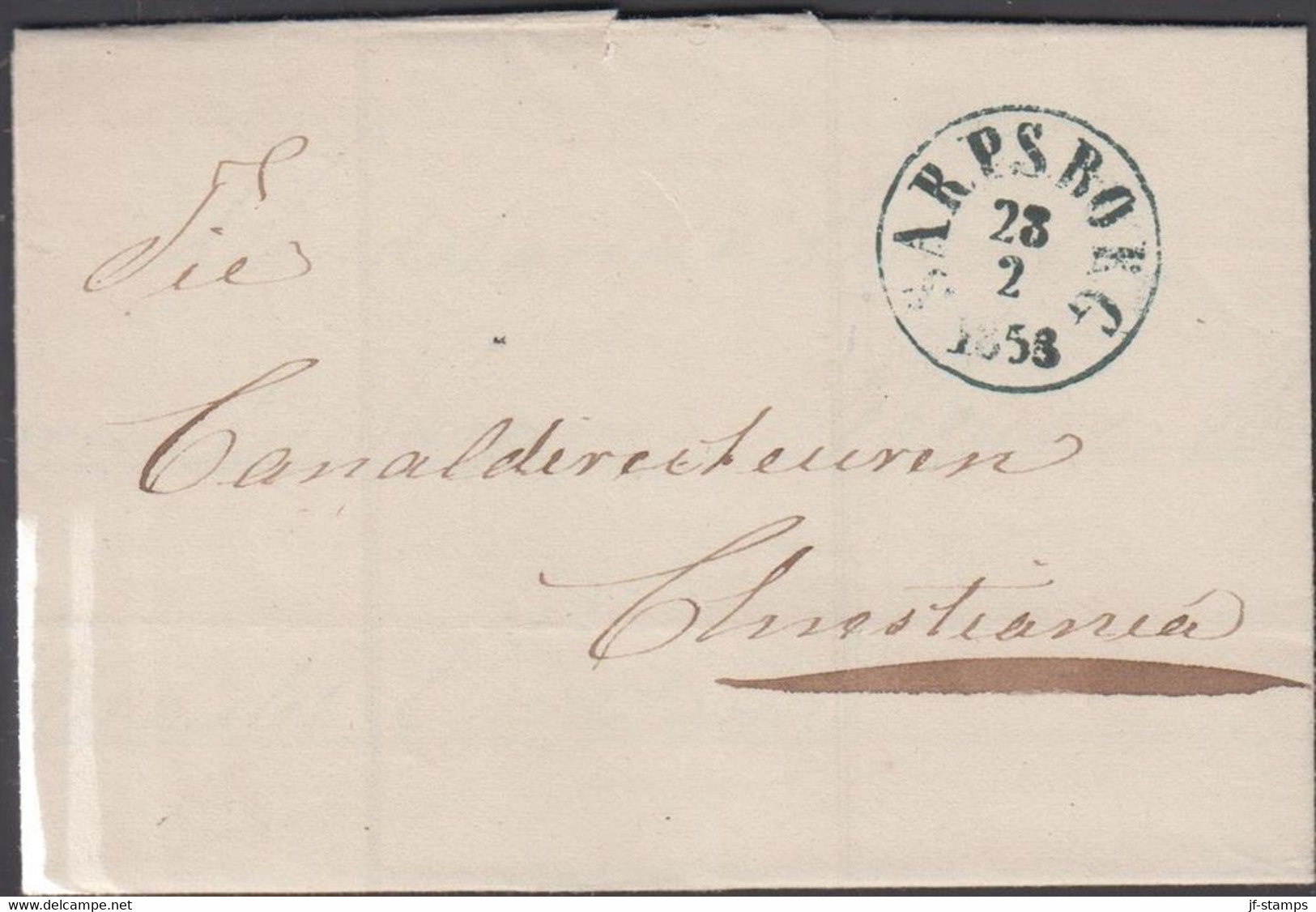 1853. NORGE. Beautiful Small Cover To Christiania With Sharp Postmark SARPSBORG 23 2 1853 In Black-blue. C... - JF427622 - ...-1855 Préphilatélie