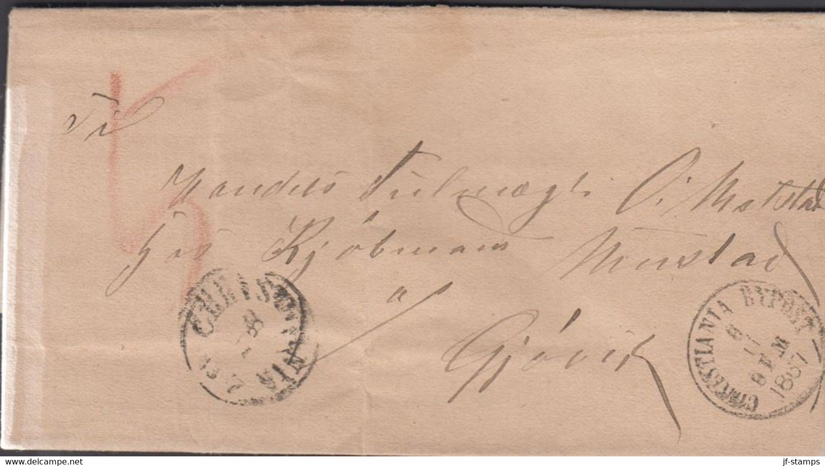 1867. NORGE. Small Cover (fold) To Gjøvik Cancelled CHRISTIANIA BYPOST 1867 + CHRISTIANIA. Dated Nydalen I... - JF427623 - ...-1855 Préphilatélie