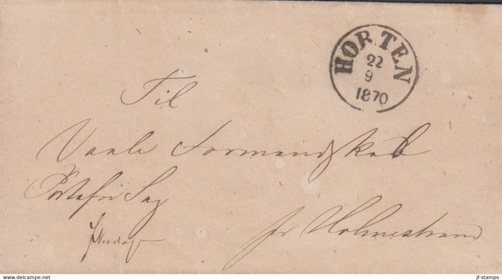 1870. NORGE. Beautiful Small Cover To Holmestrand With Sharp Postmark HORTEN 22 9 1870 In Black. Portofri ... - JF427624 - ...-1855 Prephilately