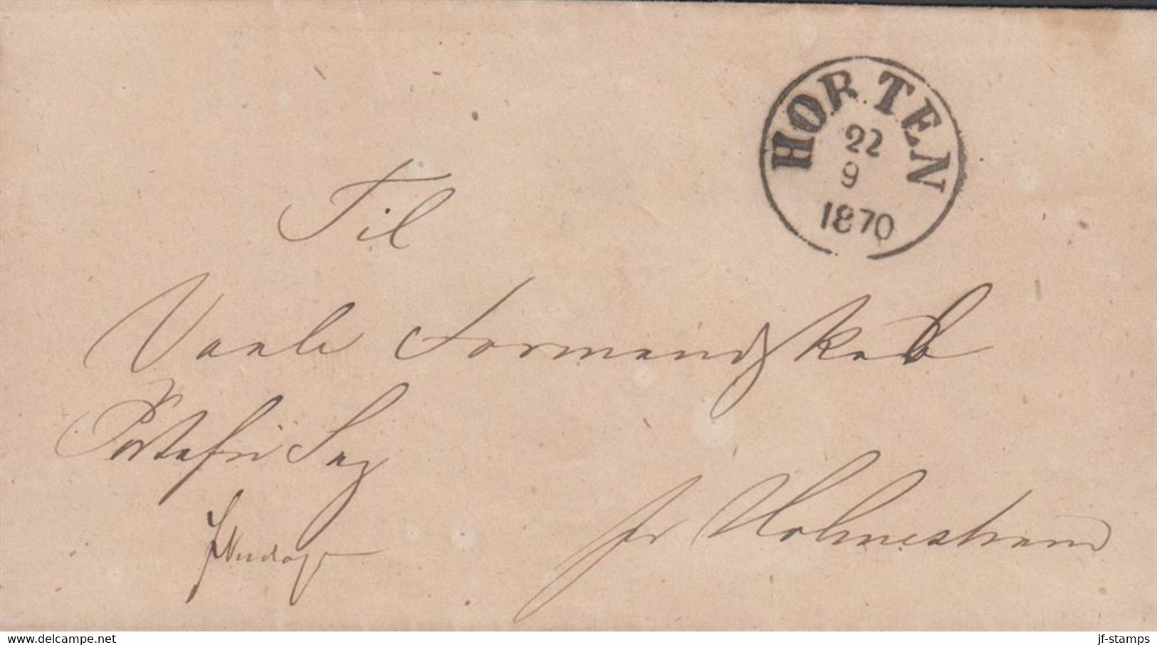1870. NORGE. Beautiful Small Cover To Holmestrand With Sharp Postmark HORTEN 22 9 1870 In Black. Portofri ... - JF427624 - ...-1855 Prefilatelia