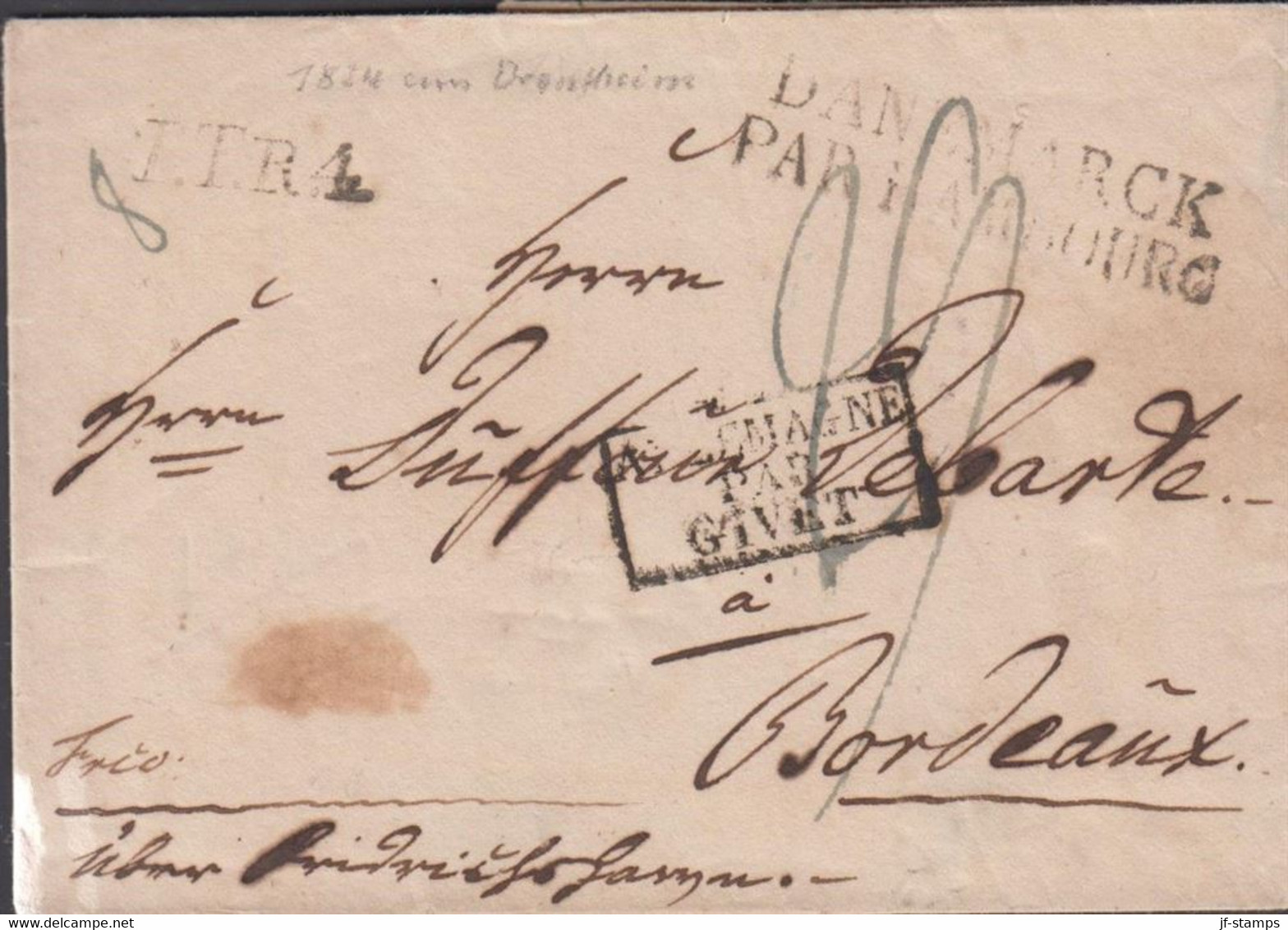 1824. NORGE. Small Cover To Bordeaux, France From Drontheim (Trondheim) 1824. Transit Cancels DANEMARCK PA... - JF427626 - ...-1855 Vorphilatelie