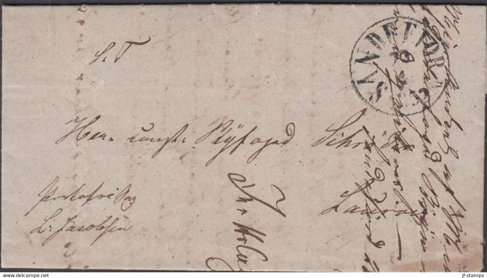 1852. NORGE. Small Cover To Laurvig Cancelled SANDEFJORD 23 4 1852. Portofri Sag. Interesting Contents.  - JF427627 - ...-1855 Préphilatélie