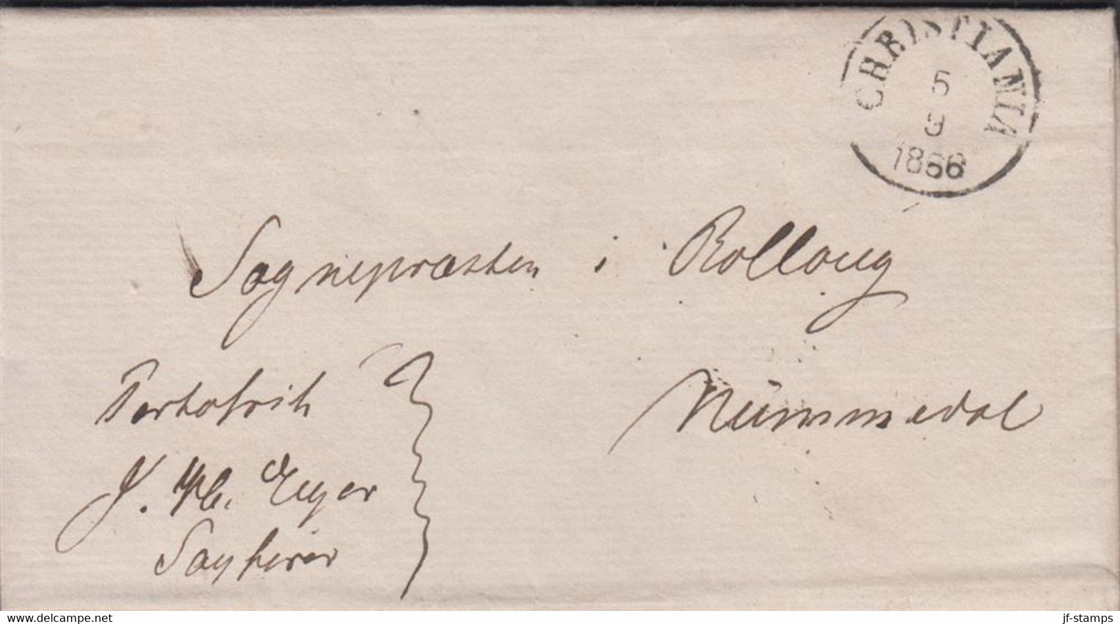 1866. NORGE. Small Cover To Nummedal Cancelled CHRISTIANIA 5 9 1866 + Reverse Transit Cancel KONGSBERG 7 9... - JF427628 - ...-1855 Préphilatélie