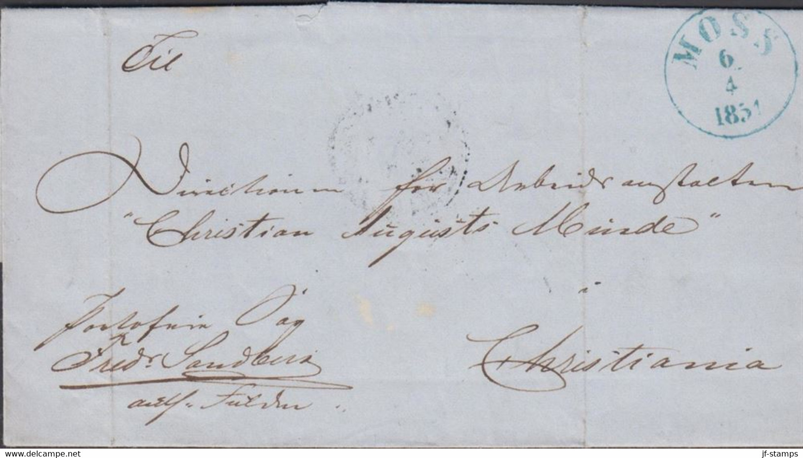 1851. NORGE. Small Cover (folds) To Christiania Cancelled In Blue MOSS 6 4 1851. Portofri Sag. Interesting... - JF427630 - ...-1855 Vorphilatelie