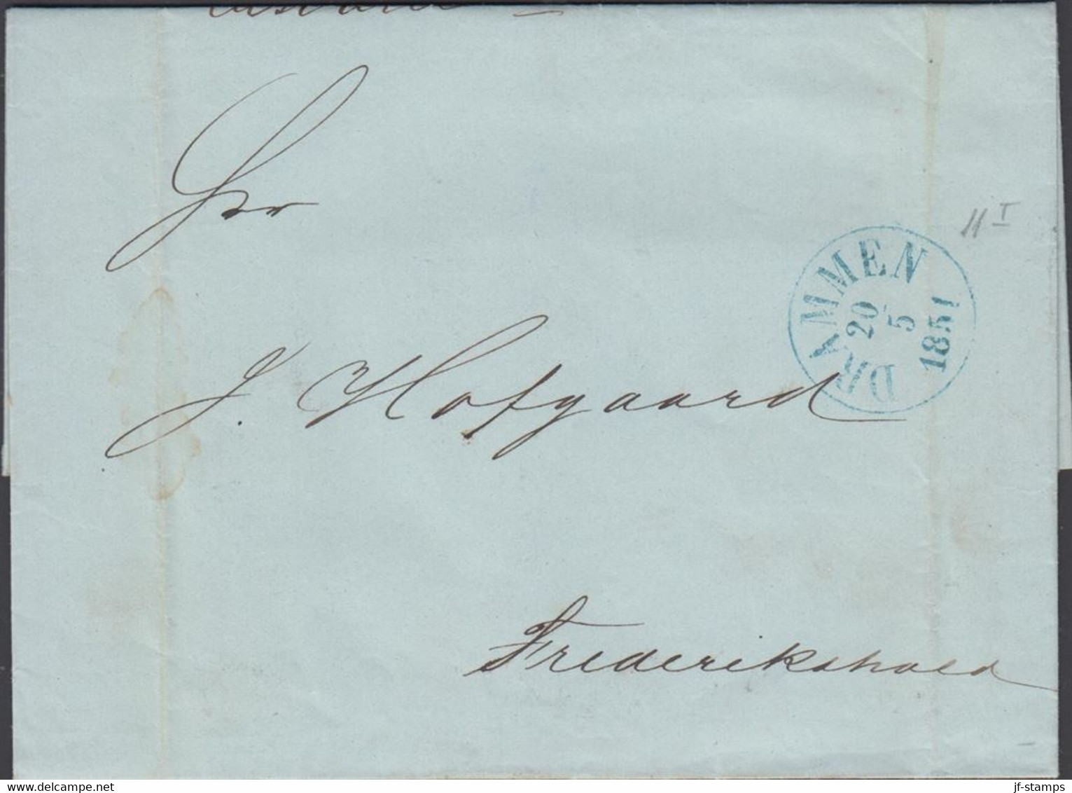 1851. NORGE. Small Cover (folds) To Frederikshald Cancelled In Blue DRAMMEN 20 5 1851. Interesting.   - JF427632 - ...-1855 Prephilately