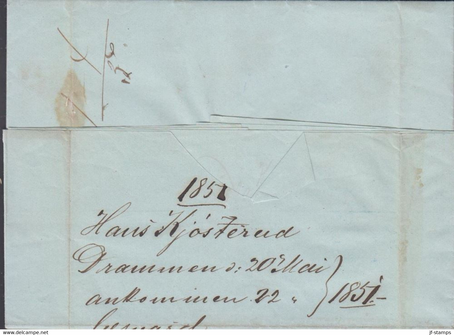 1851. NORGE. Small Cover (folds) To Frederikshald Cancelled In Blue DRAMMEN 20 5 1851. Interesting.   - JF427632 - ...-1855 Préphilatélie