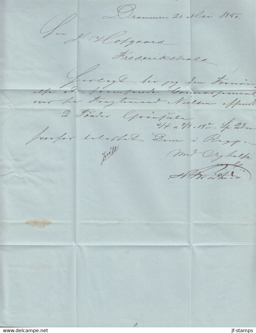 1851. NORGE. Small Cover (folds) To Frederikshald Cancelled In Blue DRAMMEN 20 5 1851. Interesting.   - JF427632 - ...-1855 Préphilatélie