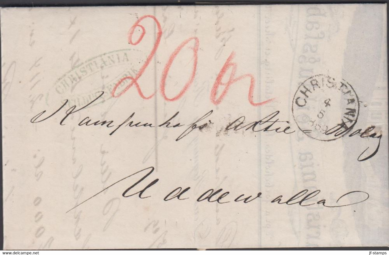 1869. NORGE. Nice Small Cover To Uddevalla, Sverige Cancelled CHRISTIANIA 4 5 1869. Marking 20 In Orange R... - JF427635 - ...-1855 Voorfilatelie