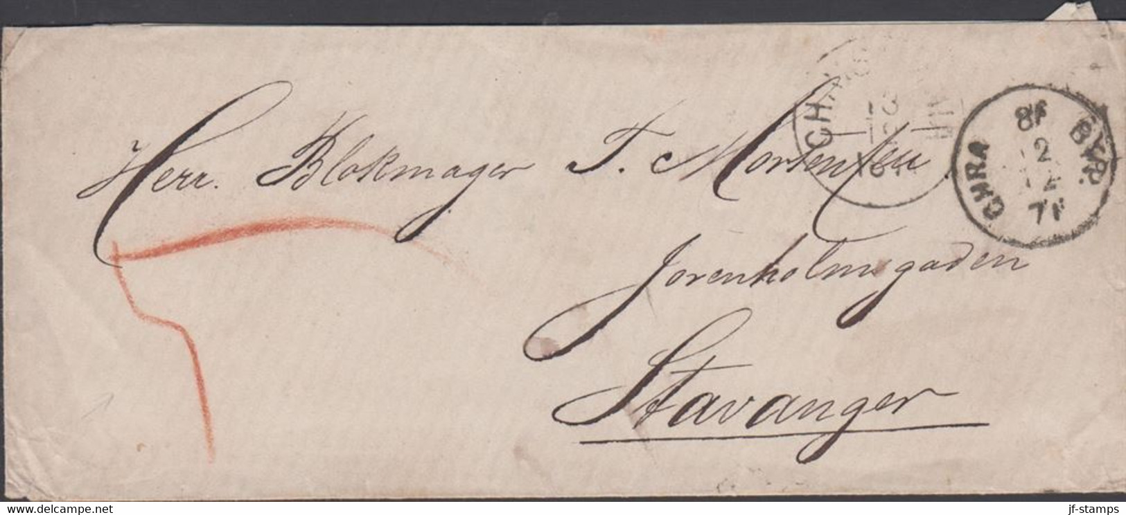 1871. NORGE. Small Nice Cover To Stavanger Cancelled CHRISTIANIA 13 12 1871 + CHRA BYP. 12 12 71. Interest... - JF427642 - ...-1855 Prefilatelia