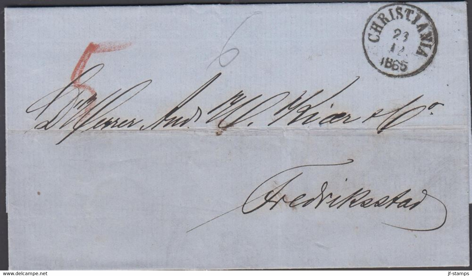 1865. NORGE. Small Cover To Frederikstad Cancelled CHRISTIANIA 23 12 1863. Noted 5 In Red Brown  - JF427643 - ...-1855 Prephilately