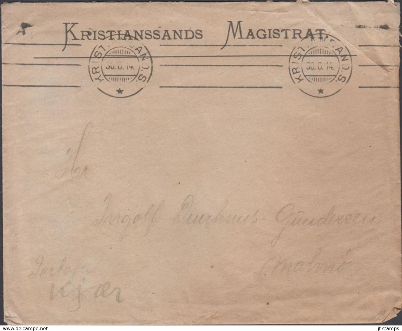 1914. NORGE. Portofri Cover To Malmö, Sverige From KRISTIANSSAND. S. 30.8.14. Letter Included.  - JF427644 - ...-1855 Prefilatelia