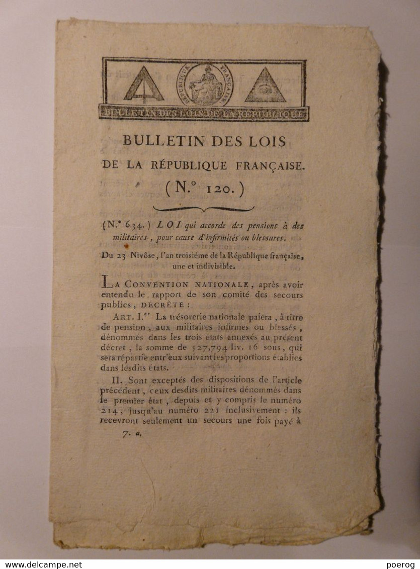 BULLETIN DES LOIS De 1795 - PENSIONS MILITAIRES INFIRMES - TRIBUNAL DE FAMILLE - EMIGRES INSCRIPTIONS RADIATIONS - Wetten & Decreten