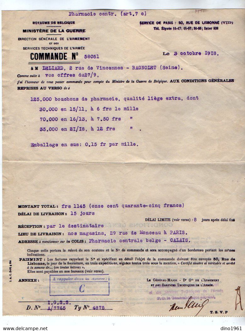 VP19.025 - Belgique - Ministère De La Guerre - PARIS X BAGNOLET X CALAIS 1918 - Commande De Bouchons De Pharmacie..... - Documentos
