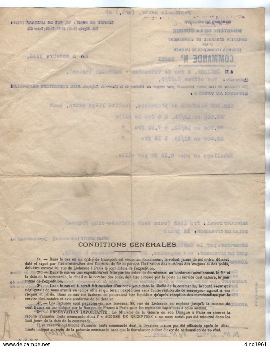 VP19.025 - Belgique - Ministère De La Guerre - PARIS X BAGNOLET X CALAIS 1918 - Commande De Bouchons De Pharmacie..... - Documentos