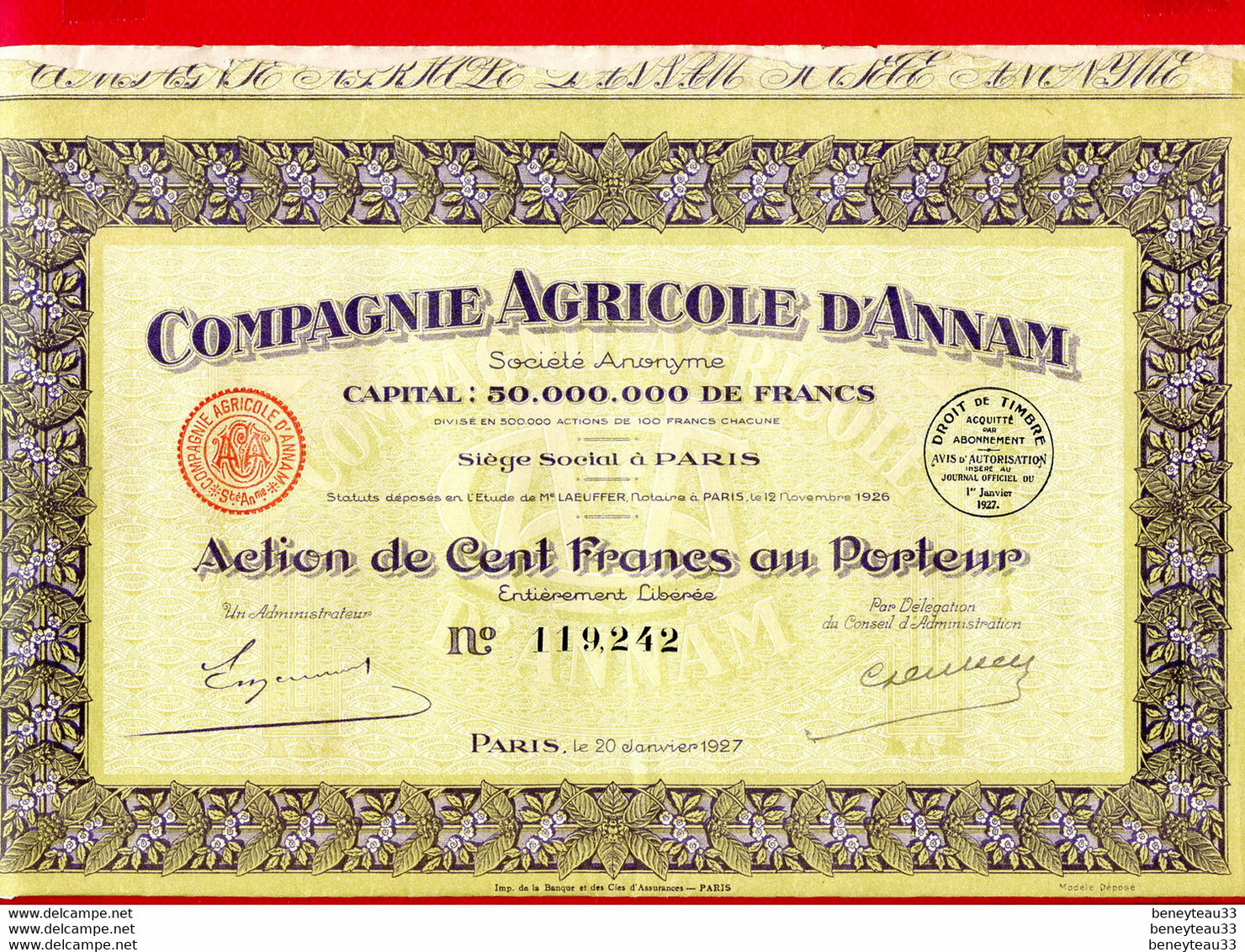 TITRES (Ref : F&T024) VIEUX PAPIERS ACTIONS & TITRES -  COMPAGNIE AGRICOLE D'ANNAM PARIS - Agriculture