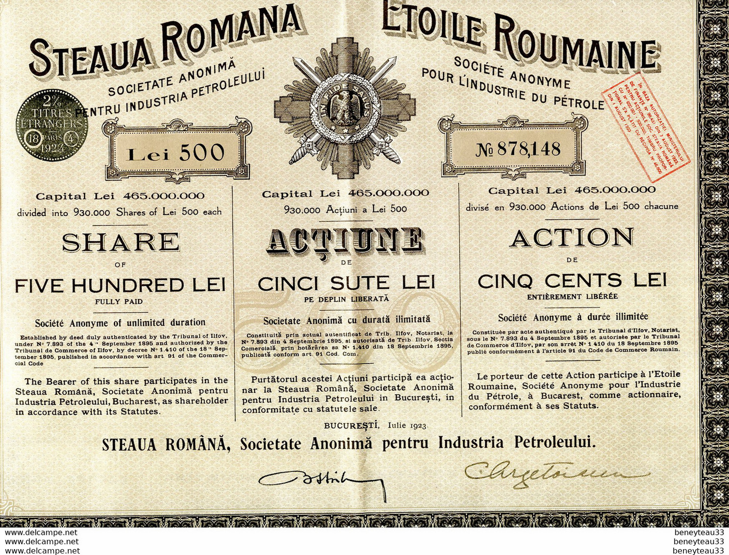 TITRES (Ref : F&T036) VIEUX PAPIERS ACTIONS & TITRES STEAUA ROMANA ETOILE ROUMAINE INDUSTRIE DU PÉTROLE - Erdöl