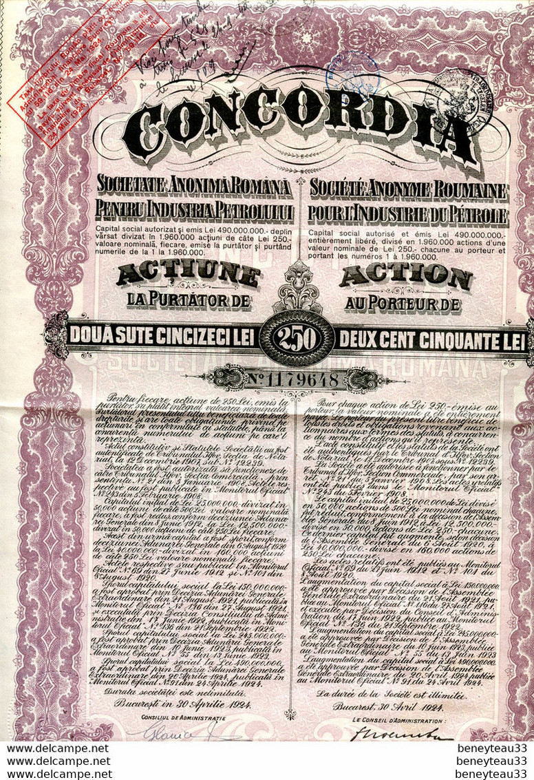 TITRES (Ref : F&T037) VIEUX PAPIERS ACTIONS & TITRES CONCORDIA Société Anonyme ROUMAINE - Oil