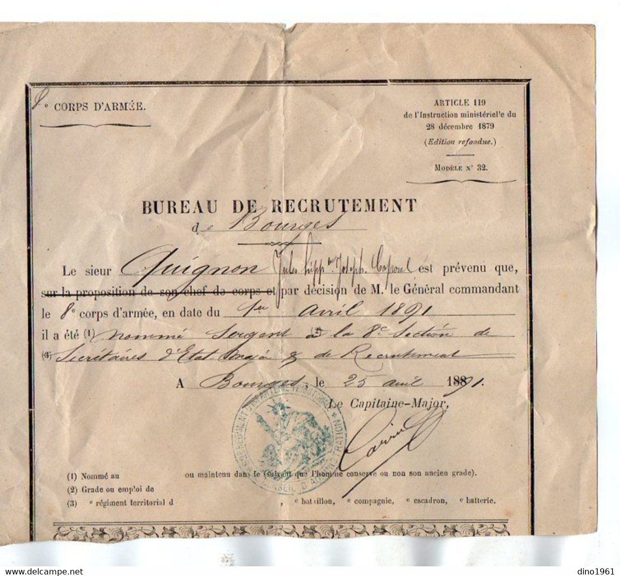 VP19.026 - MILITARIA - BOURGES 1891 - Document Concernant Le Soldat QUIGNON Secrétaire D'Etat Major & De Recrutement ... - Documents