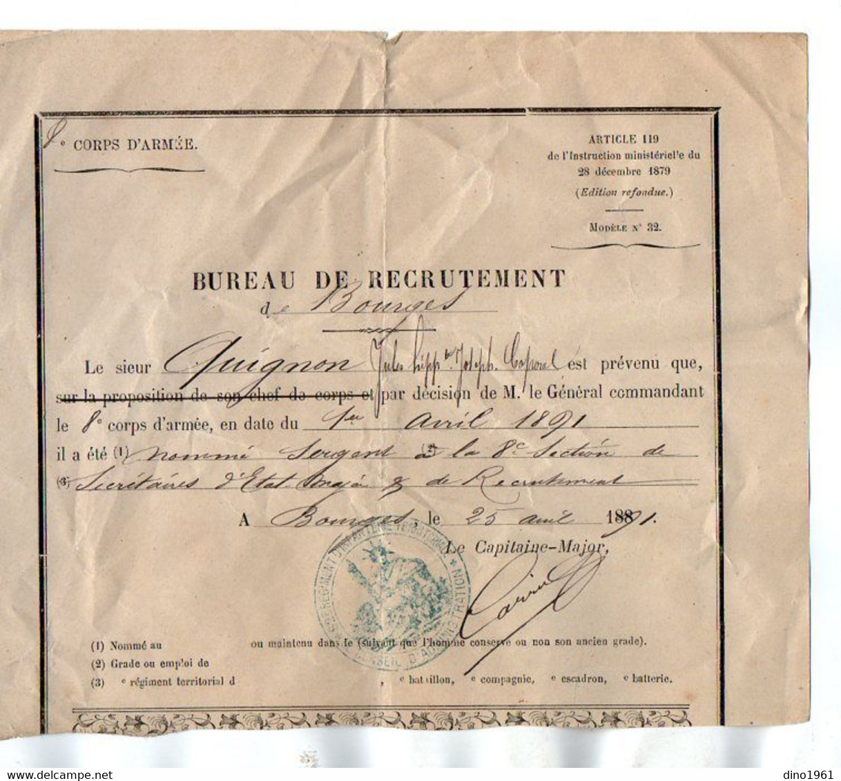 VP19.026 - MILITARIA - BOURGES 1891 - Document Concernant Le Soldat QUIGNON Secrétaire D'Etat Major & De Recrutement ... - Documenti