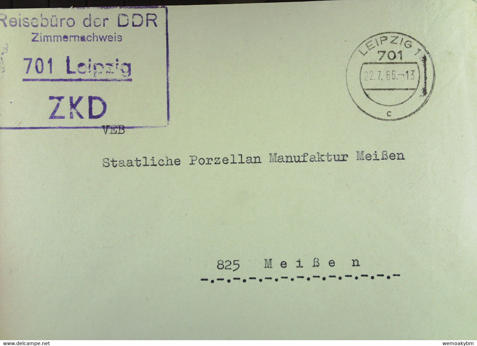 Fern-Brief Mit ZKD-Kastenstempel "Reisebüro Der DDR Zimmernachweis 701 Leipzig" 22.7.66 An VEB Porzellanmanufaktu Meißen - Zentraler Kurierdienst