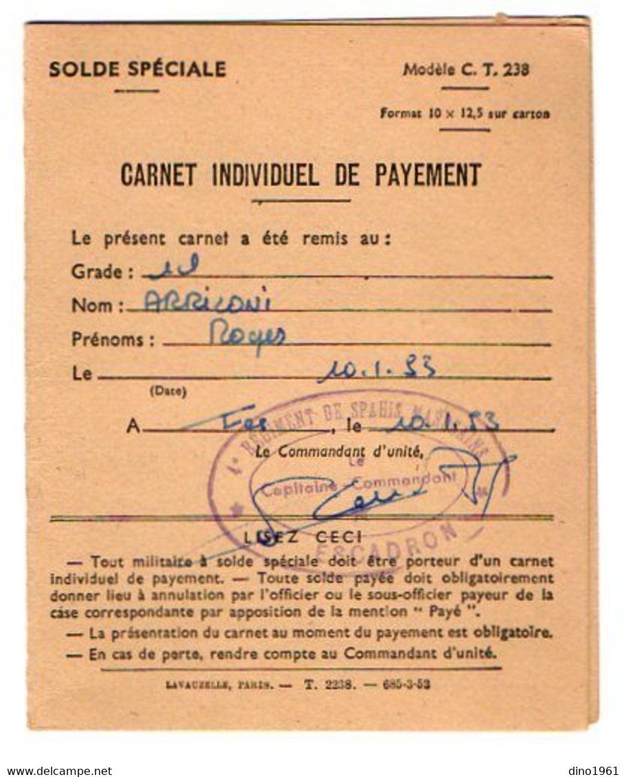VP19.027 - MILITARIA - FES 1953 - Carnet Individuel De Payement - Soldat Roger ARRIGONI Du 4 è Rgt De Spahis Marocains - Documenten