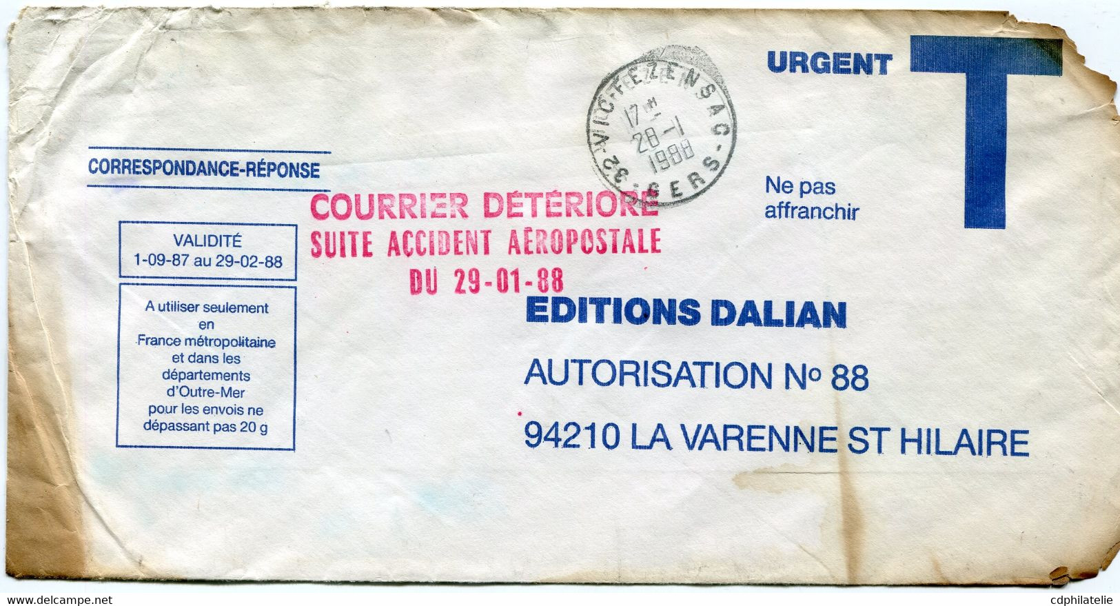 FRANCE LETTRE AVEC CACHET " COURRIER RETARDE SUITE ACCIDENT AEROPOSTALE DU 29-01-88 "  (voir Note Explicative) - Lettres Accidentées