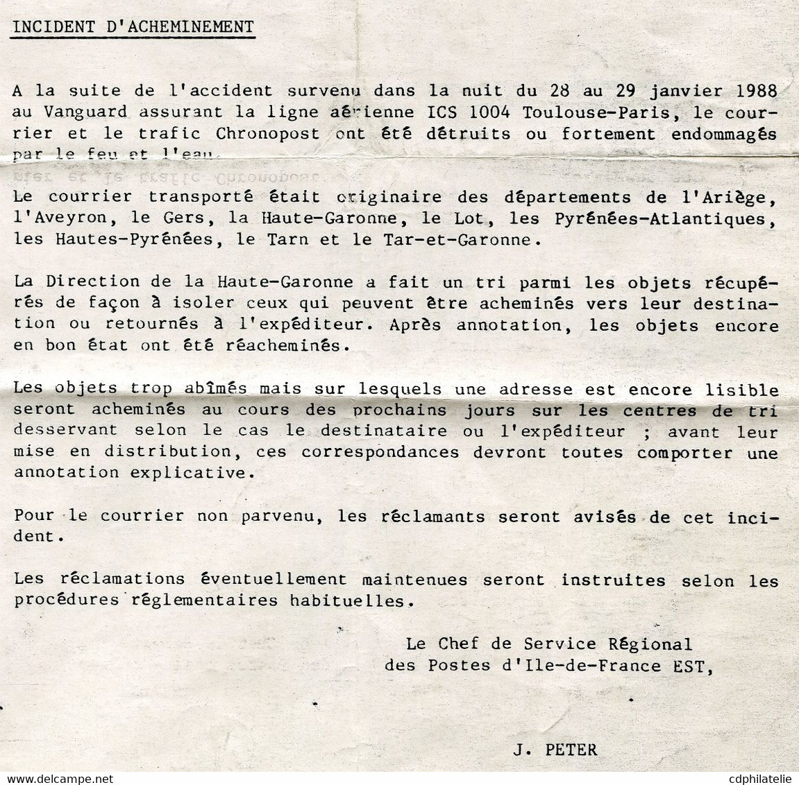 FRANCE LETTRE AVEC CACHET " COURRIER RETARDE SUITE ACCIDENT AEROPOSTALE DU 29-01-88 "  (voir Note Explicative) - Lettres Accidentées