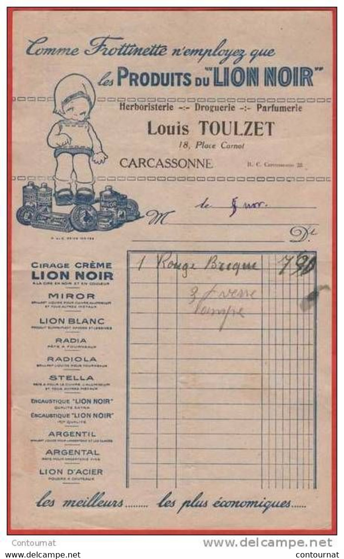 FACTURE Produits Du LION NOIR  Comme Frottinette  Cirage  MIROR  Louis TOUZET CARCASSONNE 11 -     -- T6 - Droguerie & Parfumerie