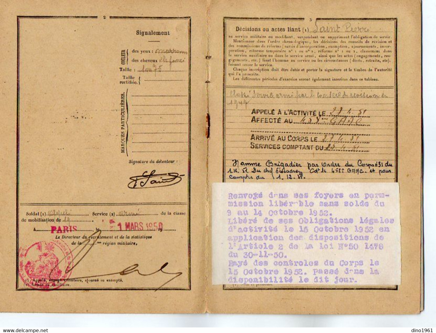 VP19.029 - MILITARIA - PARIS 1950 - Livret Militaire - Mr P.E.A. SAINT Brigadier Au 458 è G.A.A.C. Né à LE RAINCY - Documents
