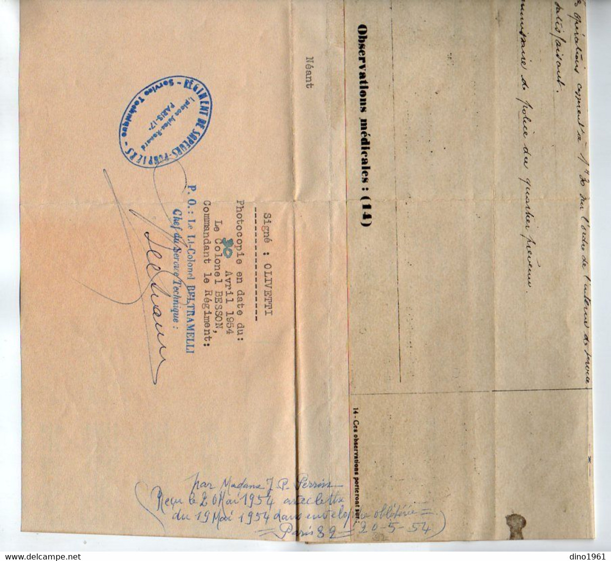 VP19.030 - MILITARIA - Ville De PARIS 1954 - Document Concernant Le Régiment De Sapeurs - Pompiers De PARIS 17 è - Bomberos