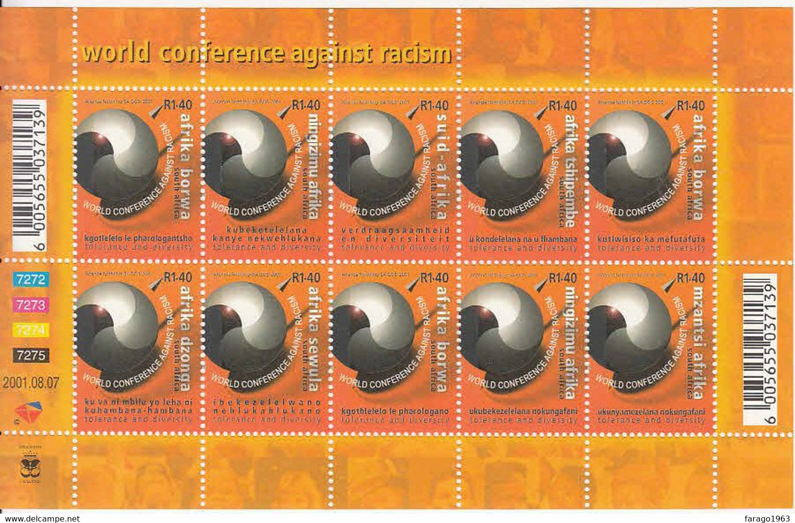 2001 South Africa World Conference Against Racism Miniature Sheet Of 10  MNH - Ongebruikt