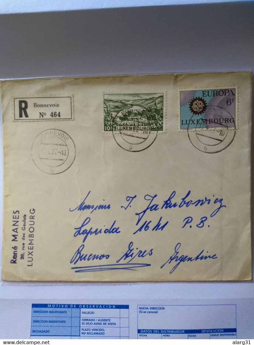 Luxembourg.reg.letter.bonnevoie.to Argentina.europa+other Stamp 1967.reg. Letter E7 1 Letter - Covers & Documents